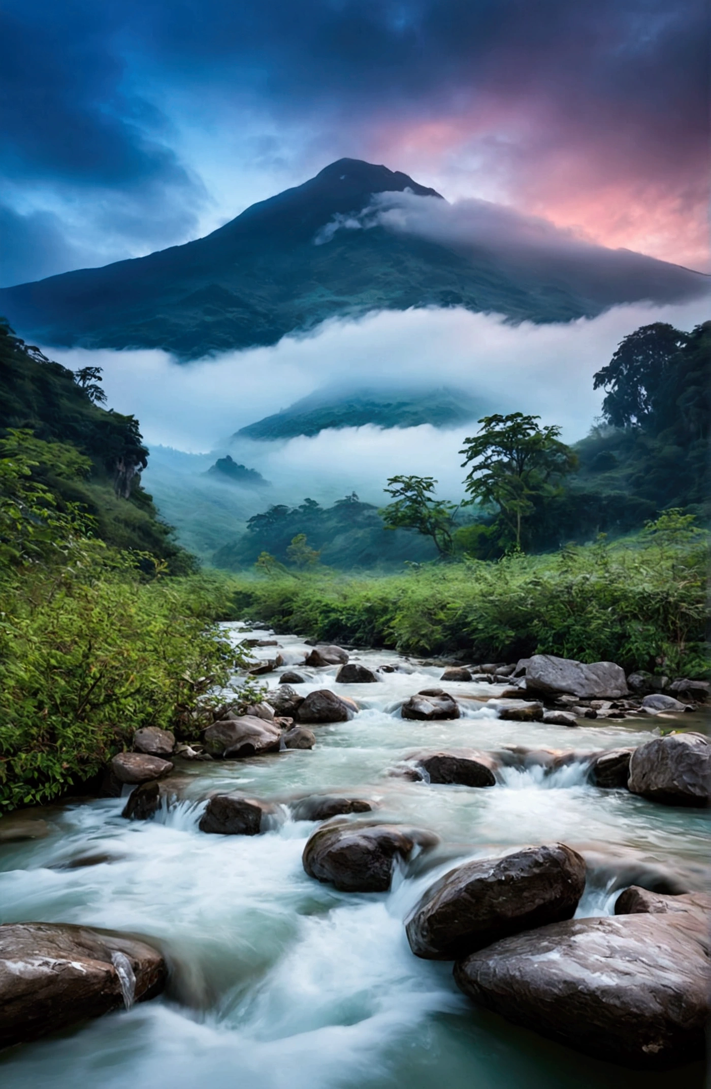 stream,Behind is the mountain,Clouds and mist