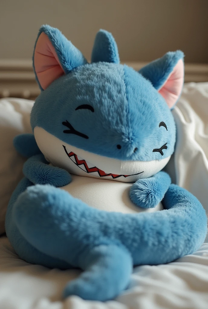 furry shark femboy cuddling a pillow