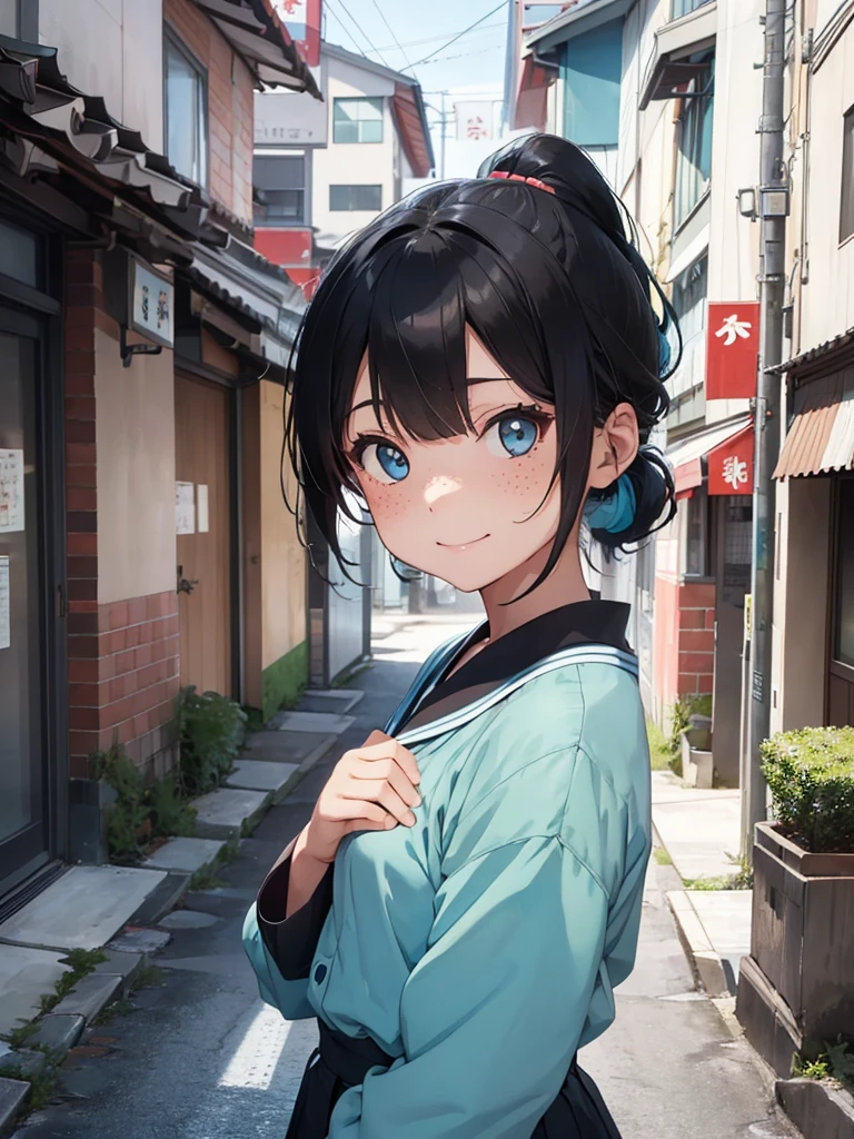 Girl with short black and cyan hair in a Japanese school uniform, two tone hair, freckles, ponytail, bangs, smile, street wear, urban clothing