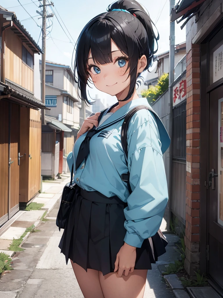 Girl with short black and cyan hair in a Japanese school uniform, two tone hair, freckles, ponytail, bangs, smile, street wear, urban clothing