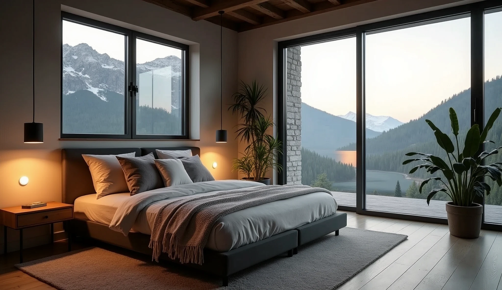 Main bedroom, modern nordic interior, industrial, cozy bed with 6 pillows of different sizes, one night table at each side of the bed, incredible landscapes views from the windows, warm lightning ::0.9 , natural lightning ::1.1 , cinematographic, ultra detailed, high contrast, interior plant::1