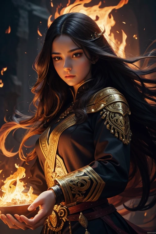 a beautiful young woman with ethereal features, long flowing hair, glowing eyes, fire-like powers emanating from her hands, dramatic lighting, cinematic composition, fantasy art, digital painting, vibrant colors, highly detailed, photorealistic, masterpiece