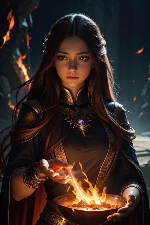 a beautiful young woman with ethereal features, long flowing hair, glowing eyes, fire-like powers emanating from her hands, dramatic lighting, cinematic composition, fantasy art, digital painting, vibrant colors, highly detailed, photorealistic, masterpiece
