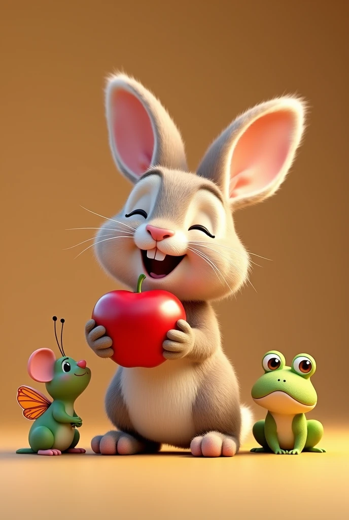 The baby rabbit holding the shiny red apple with both paws, its face beaming with happiness, surrounded by its friends—the mouse, the butterfly, and the frog—who are all smiling and sharing in its joy, um personagem animado, Caractere estilizado, animation style rendering, 3D estilizado, Arnold Maya render, 3 d render stylized, toon render keyshot, Personagem 3D, Personagem 3D, 3d rendering stylized, 3d character render, personagem de desenho animado, Personagem