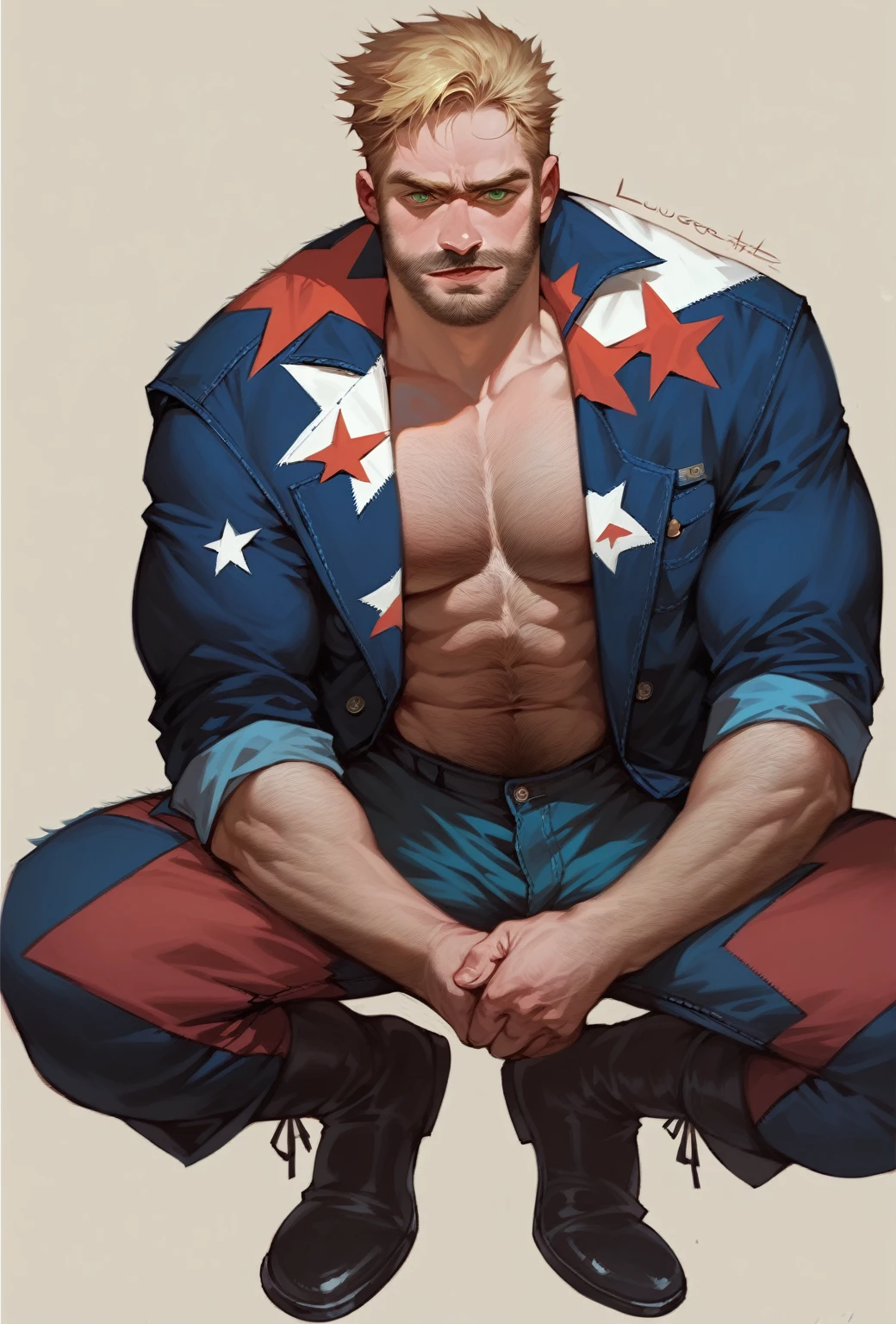 muscular mature man, confident face, detailed face, detailed body, short hair, realistic, manly face, hairy body, full body, open legs, lumberjack, blonde hair, green eyes, pale skin tone
