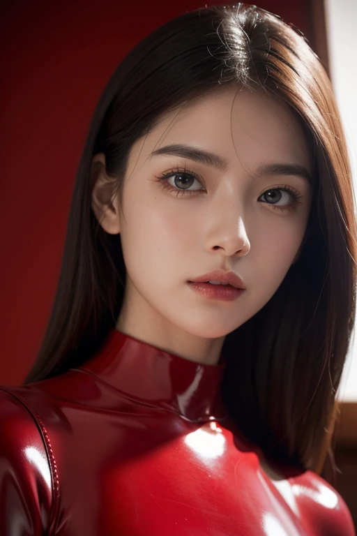 (RAW Photos:1.2)、Highest quality、Beautiful detailed girl、Tight red latex suit、Red latex bodysuit, Laughter、Highly detailed eyes and face、Beautiful and detailed、Large file size、High resolution、High resolution、More about 8k wallpaper、Highly detailed Ticker Uniform 8K Wallpaper、Light on the face、Cinema Lighting、16-year-old girl、Sexy pose、(Photorealism:1.4)、Raise your consciousness、Surrealism、 From below、Super Detail、masterpiece