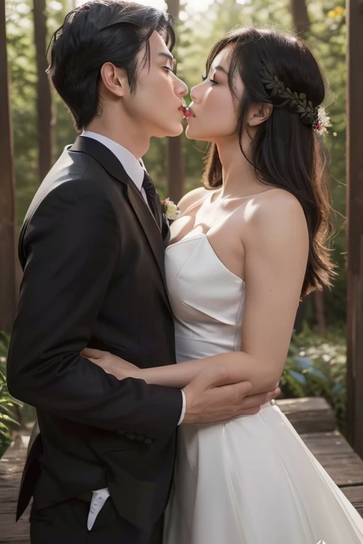 tmasterpiece, Best quality at best, {Best quality at best}, {{tmasterpiece}}, {A high resolution}, {{{Tano}}, extremely detailed couple, illustratio, couples, 1boys, 1girl, curvy, round breast, cleavag, couple, Loves, Loves, ((𝓡𝓸𝓶𝓪𝓷𝓽𝓲𝓬)), Sharp focus, malefocus, female focus, Black color hair, Black eyes, suns, rays of sunshine, hoist, T 恤, Men's suit clothing, kissing, romantic kiss, Women's red wedding dress, ln the forest, fresh flowers, statement