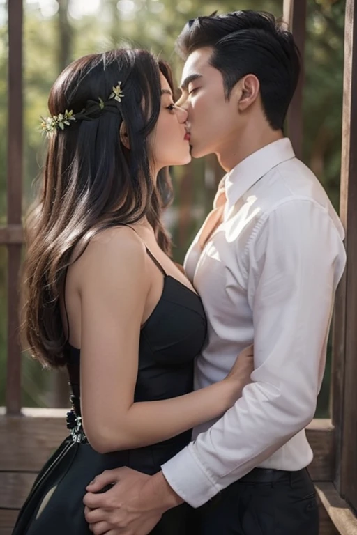 tmasterpiece, Best quality at best, {Best quality at best}, {{tmasterpiece}}, {A high resolution}, {{{Tano}}, extremely detailed couple, illustratio, couples, 1boys, 1girl, curvy, round , cleavag, couple, Loves, Loves, ((𝓡𝓸𝓶𝓪𝓷𝓽𝓲𝓬)), Sharp focus, malefocus, female focus, Black color hair, Black eyes, suns, rays of sunshine, hoist, T 恤, Men's suit clothing, kissing, romantic kiss, Women's red wedding dress, ln the forest, fresh flowers, statement