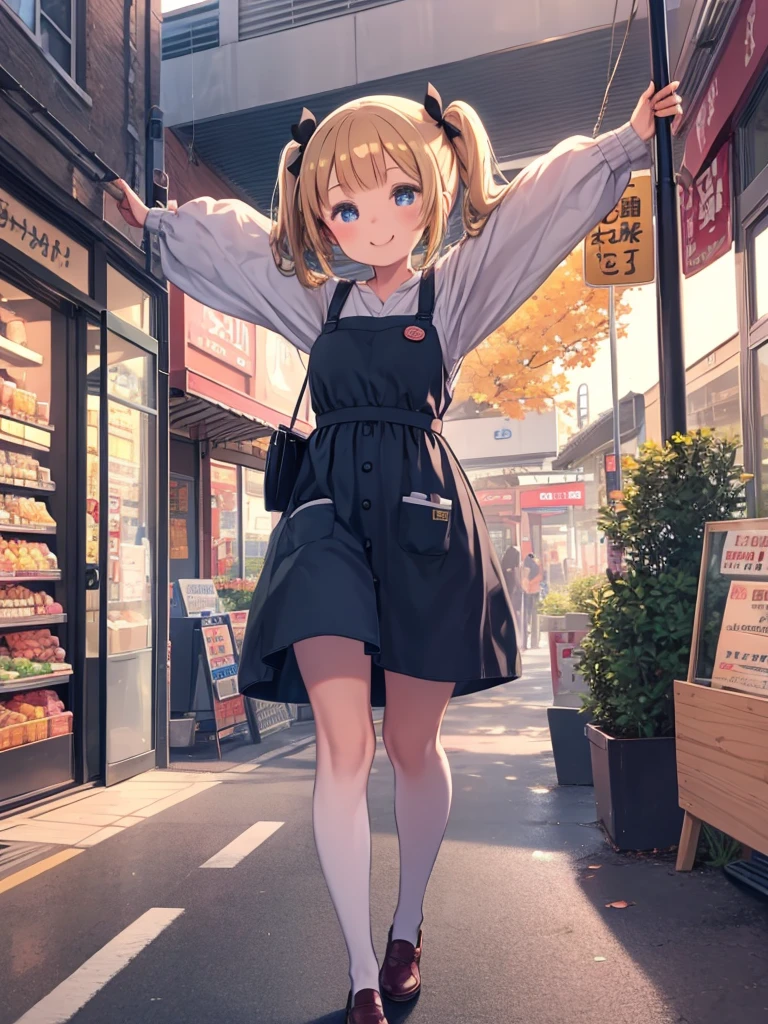 One Girl、smilingly、😊、Golden twin tails、Walk with your feet raised、Swing your arms wide、Walking through the shopping district、errand、shopping、cute、Apron dress、