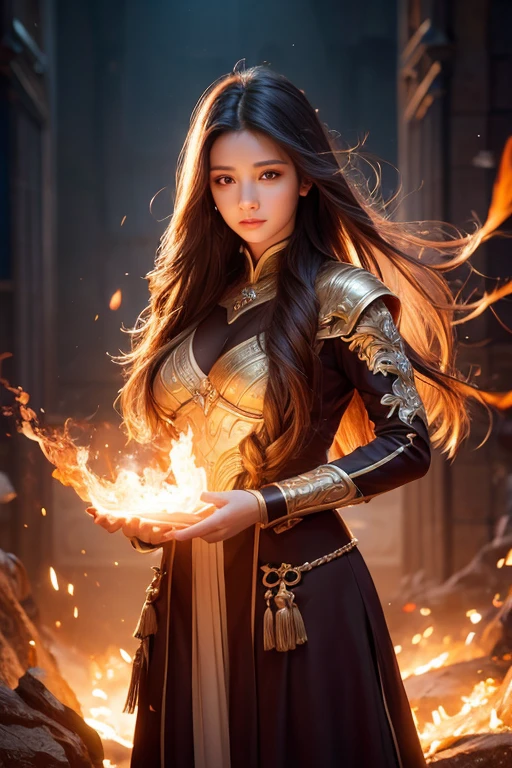 a beautiful young woman with ethereal features, long flowing hair, glowing eyes, fire-like powers emanating from her hands, dramatic lighting, cinematic composition, fantasy art, digital painting, vibrant colors, highly detailed, photorealistic, masterpiece