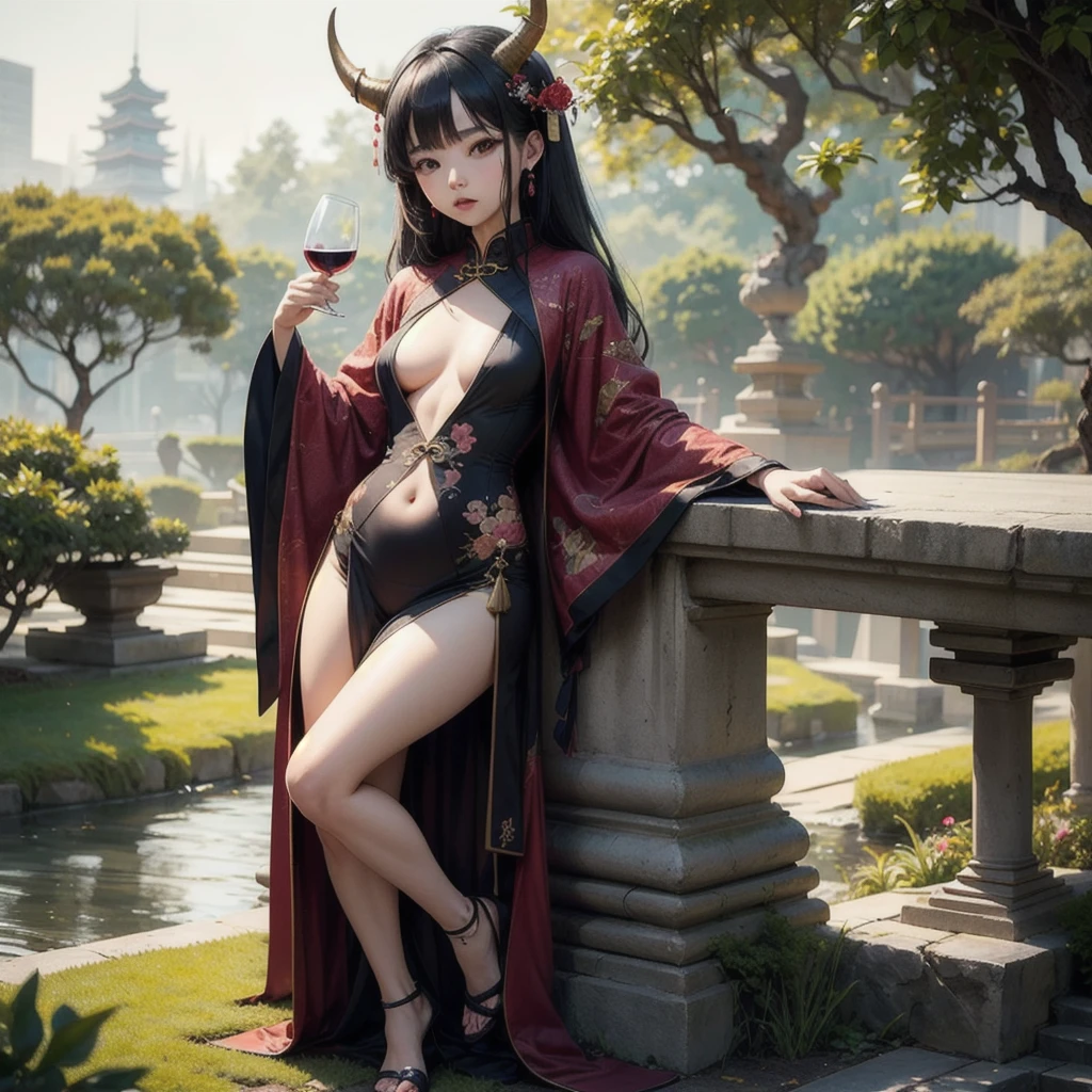 There are ghost horns on the head,Petite stature,,Small Breasts,Translucent cheongsam,The chest of the cheongsam is hollowed out to the navel,In Japanese garden,drink wine,Sex,beauty