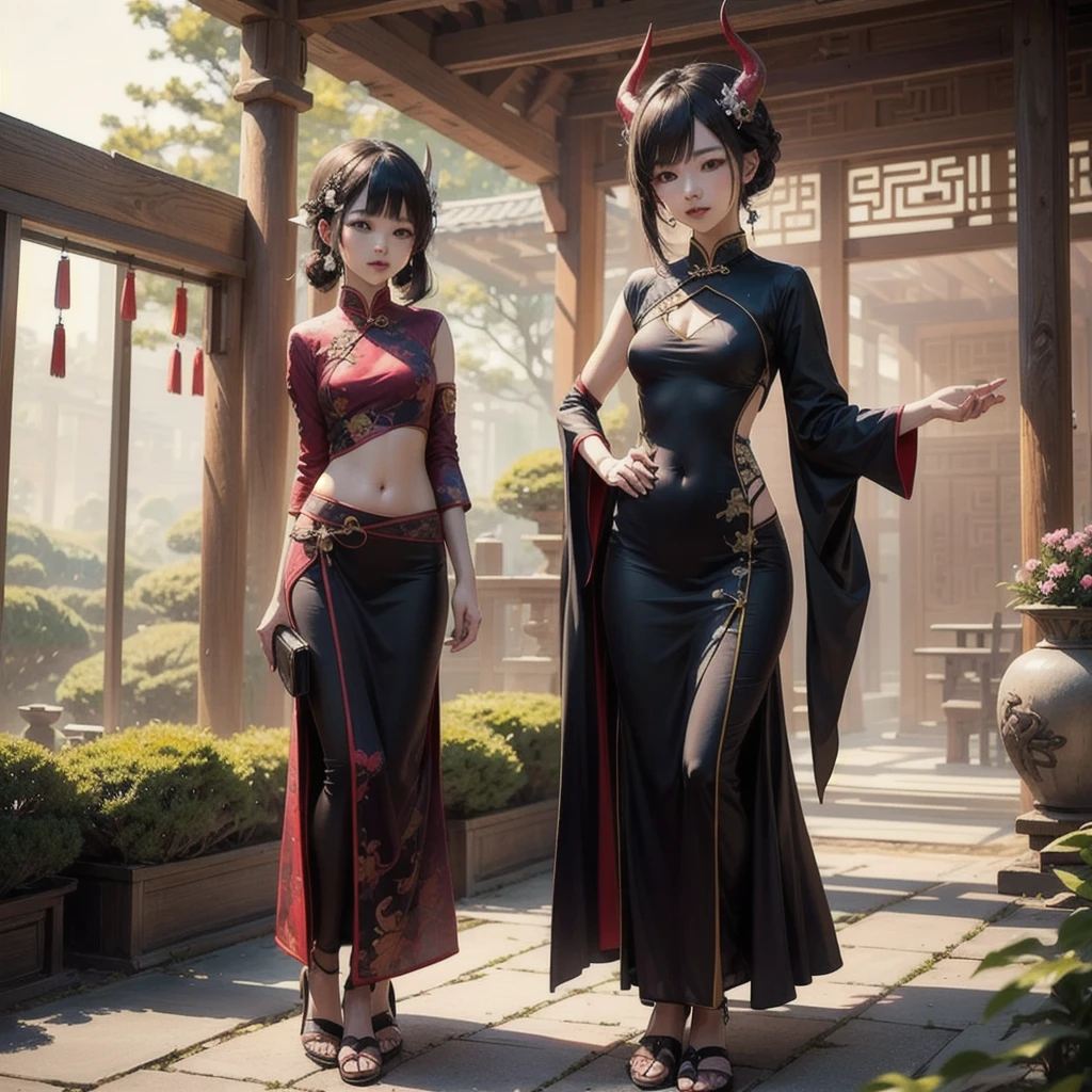 There are ghost horns on the head,Petite stature,,Small Breasts,Translucent cheongsam,The chest of the cheongsam is hollowed out to the navel,In Japanese garden,drink wine,Sex,beauty