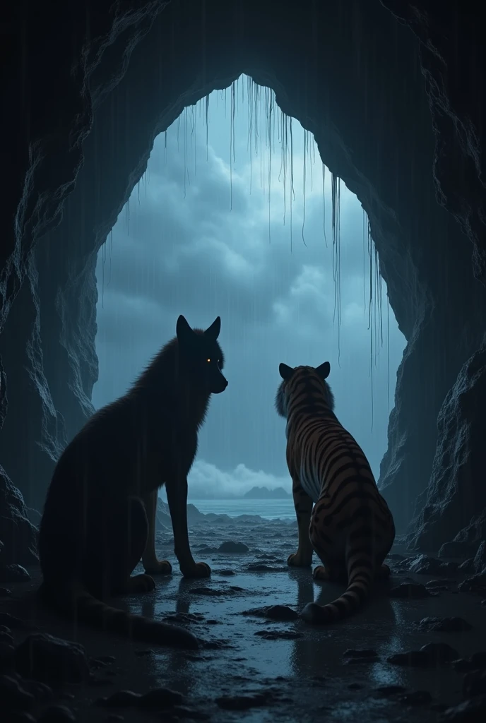A cave where it's raining outside and there are wolf and tiger