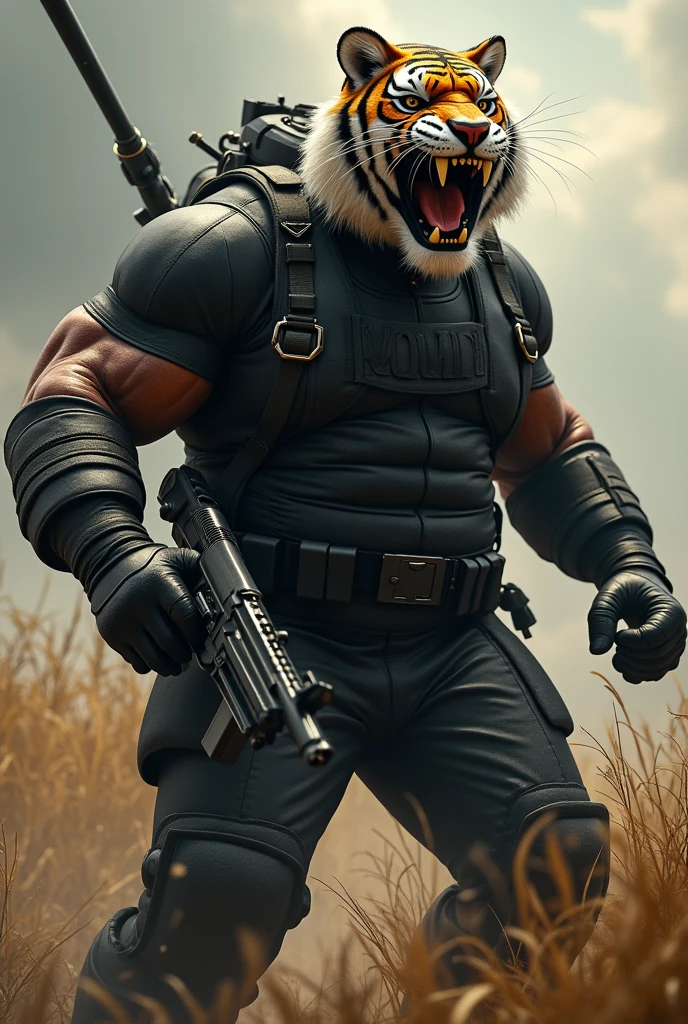 (a dark-skinned fat muscular old man in black skintight diver suit) carrying a gun in right hand, (wearing realistic roaring tiger mask), dynamic action pose, fierce expression, showcasing an imposing stature, surrounded by military elements, dramatic shadows and intense highlights, cinematic color tones, high detail, powerful, art influenced by Bruce Onobrakpeya and Stanley Artgerm, ultra-detailed, best quality image, action-packed atmosphere. fighting stance. field background