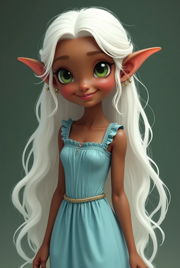 ((I want an elf woman with dark skin, long white hair and detailed green eyes, a childish and chubby body, wearing a light blue dress with ruffles, a smile on her face