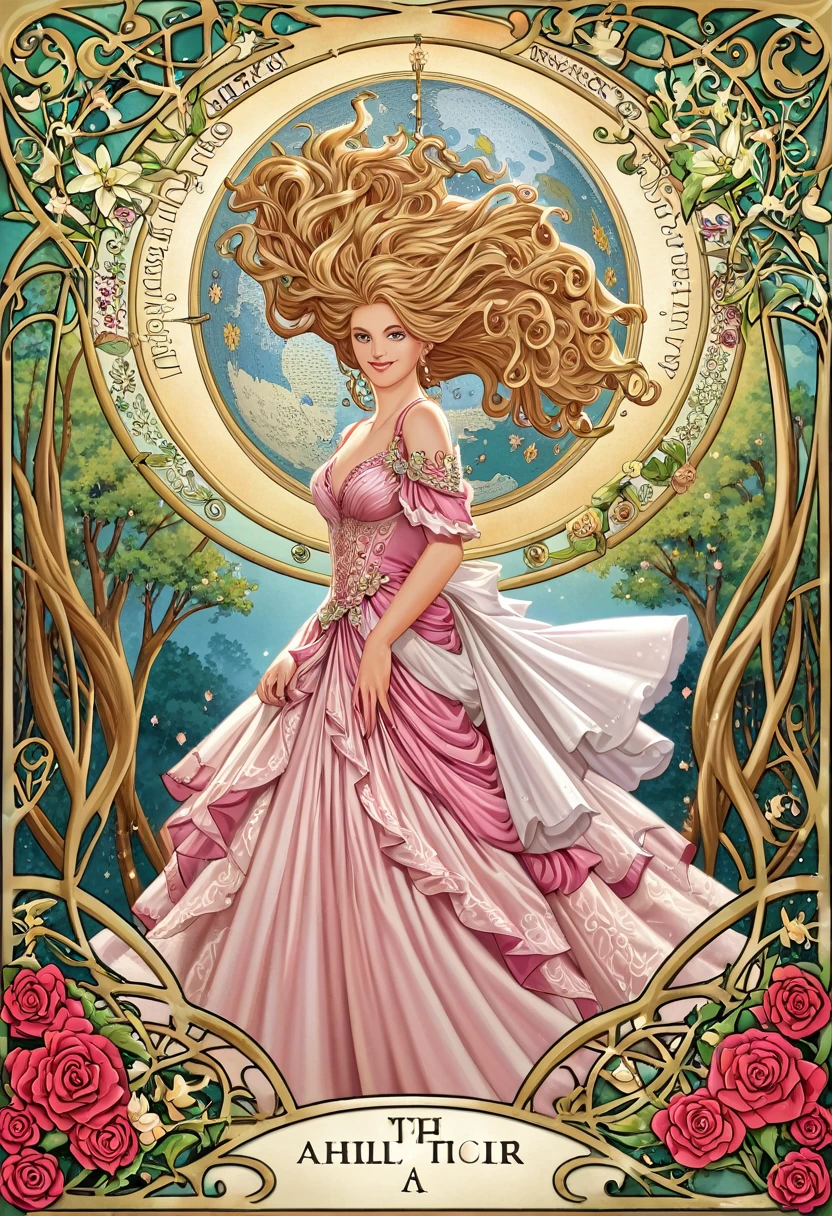 cover page, highres, top quality, best quality, paid reward available, unparalleled masterpiece, perfect artwork, absurdres, High-quality illustrations by Alphonse Mucha, art nouveau, Delicate and elegant linework, flowing hair, Flowing Dresses, Curvilinear lines, Decoration with plant motifs, Geometric decoration, Poetic atmosphere, Rich colors, Dreamy, mystical, Tarot Card(In the forest where the stream flows, Backlighting)perfect anatomy(Furry, Solo focus, Dress, Long Globe, Facial features of animals, Features of the animal's body)All over body, Archaic Smile (portrait),