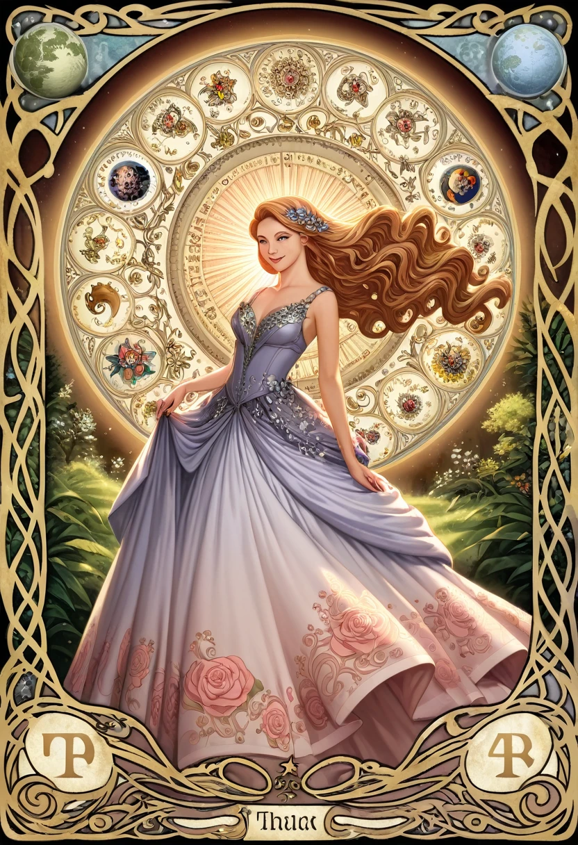 cover page, highres, top quality, best quality, paid reward available, unparalleled masterpiece, perfect artwork, absurdres, High-quality illustrations by Alphonse Mucha, art nouveau, Delicate and elegant linework, flowing hair, Flowing Dresses, Curvilinear lines, Decoration with plant motifs, Geometric decoration, Poetic atmosphere, Rich colors, Dreamy, mystical, Tarot Card(In the forest where the stream flows, Backlighting)perfect anatomy(Furry, Solo focus, Dress, Long Globe, Facial features of animals, Features of the animal's body)All over body, Archaic Smile (portrait),
