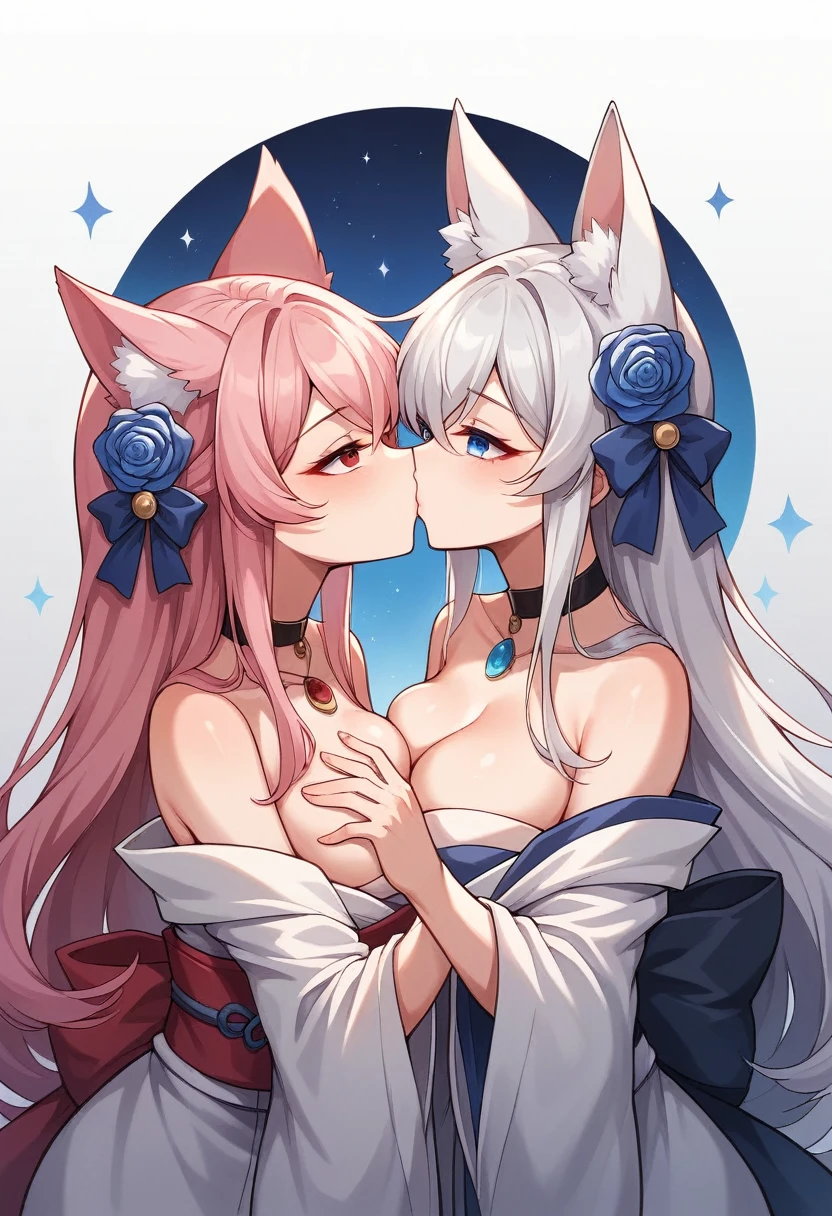 Create an enchanting anime-style illustration featuring two fox-eared girls sharing a tender kiss. The first girl has long, flowing pink hair, bright blue eyes, and fluffy pink fox ears. She wears a beautiful white kimono adorned with delicate pink and purple floral patterns, accented by a deep pink obi (belt) tied in a large bow at the back. A blue flower accessory sits gracefully in her hair, complemented by a choker necklace with a sparkling blue gem. The second girl is shorter, with shoulder-length white hair, large red eyes, and fluffy white fox ears. She dons a similar kimono, featuring a predominantly white base with soft pink accents and a distinct floral design. Her obi is also deep pink, tied in a large bow, and she wears a pink flower accessory in her hair. As they kiss, their warm and cheerful expressions convey a deep sense of love and connection. They are surrounded by a soft, pastel background that enhances the overall gentle and heartwarming mood of the scene. The lighting around them is darker, creating a contrast that emphasizes the intimate moment and adds depth to the illustration. This deeper lighting effect adds a touch of mystery and magic to the atmosphere while still maintaining a serene vibe. Ensure the details of their kimonos, hair, and fox ears are intricate and vibrant, capturing the enchanting essence of the characters.