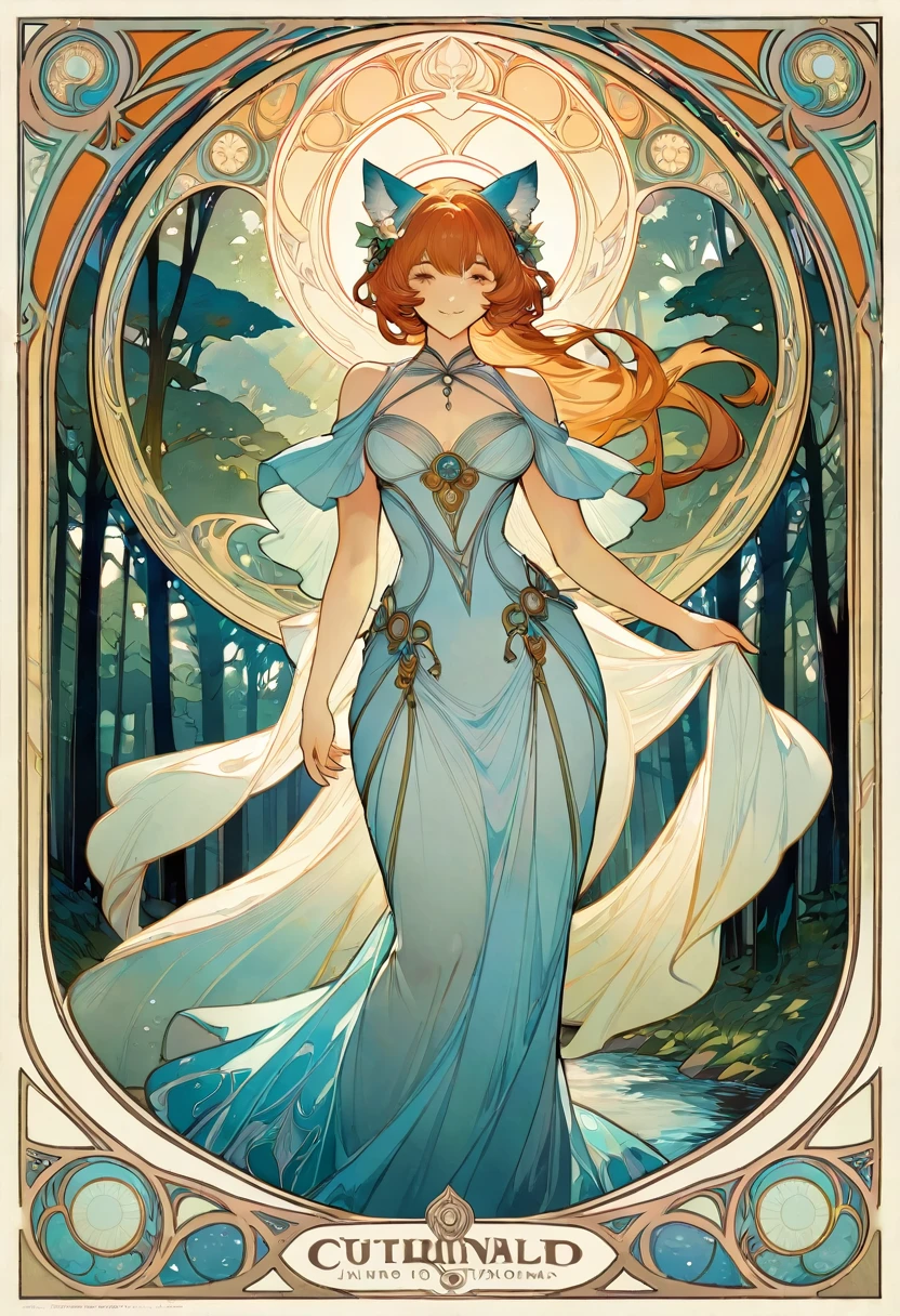 cover page, highres, top quality, best quality, paid reward available, unparalleled masterpiece, perfect artwork, absurdres, High-quality illustrations by Alphonse Mucha, art nouveau, Delicate and elegant linework, flowing hair, Flowing Dresses, Curvilinear lines, Decoration with plant motifs, Geometric decoration, Poetic atmosphere, Rich colors, Dreamy, mystical, Tarot Card(In the forest where the stream flows, Backlighting)perfect anatomy(Furry, Solo focus, Dress, Long Globe, Facial features of animals, Features of the animal's body)All over body, Archaic Smile (portrait),