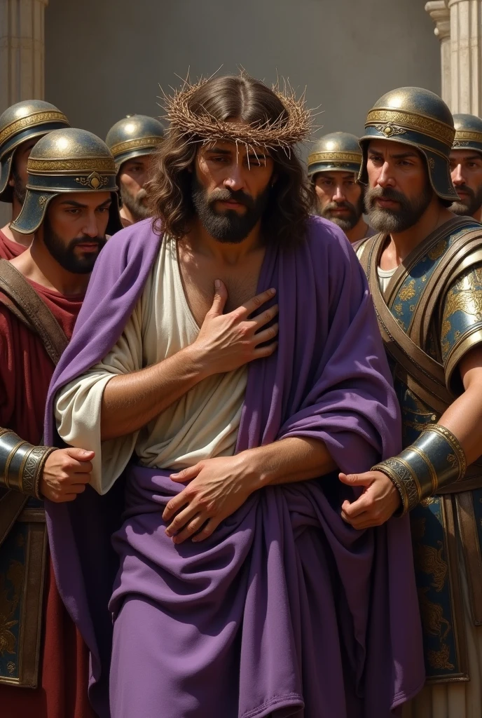 Alors Pilate prit Jésus, et le fit battre de verges. Les soldats tressèrent une couronne d’épines qu’ils posèrent sur sa tête, et ils le revêtirent d’un manteau de pourpre; puis, s’approchant de lui, ils disaient: Salut, roi des Juifs! Et ils lui donnaient des soufflets. »