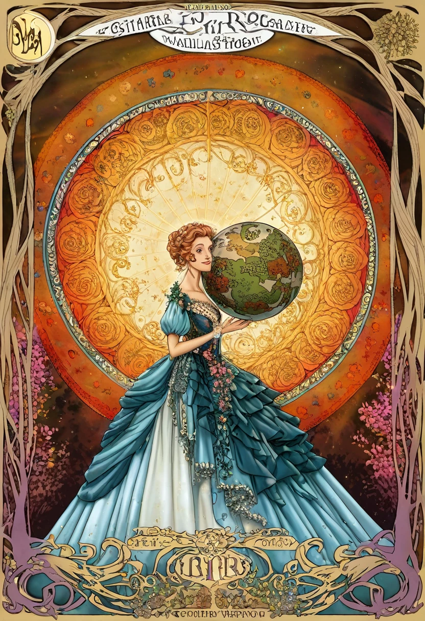 cover page, highres, top quality, best quality, paid reward available, unparalleled masterpiece, perfect artwork, absurdres, High-quality illustrations by Alphonse Mucha, art nouveau, Delicate and elegant linework, flowing hair, Flowing Dresses, Curvilinear lines, Decoration with plant motifs, Geometric decoration, Poetic atmosphere, Rich colors, Dreamy, mystical, Tarot Card(In the forest where the stream flows, Backlighting)perfect anatomy(Furry, Solo focus, Dress, Long Globe, Facial features of animals, Features of the animal's body)All over body, Archaic Smile (portrait),