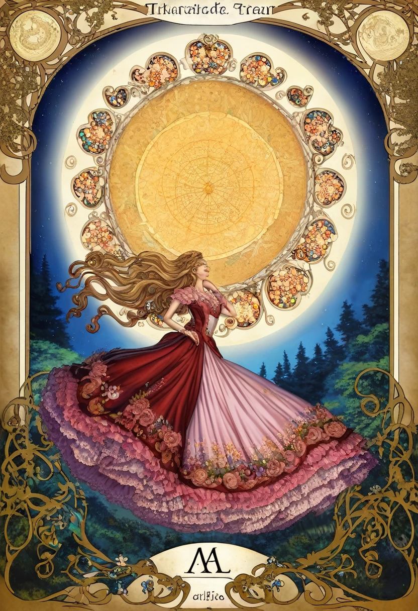 cover page, highres, top quality, best quality, paid reward available, unparalleled masterpiece, perfect artwork, absurdres, High-quality illustrations by Alphonse Mucha, art nouveau, Delicate and elegant linework, flowing hair, Flowing Dresses, Curvilinear lines, Decoration with plant motifs, Geometric decoration, Poetic atmosphere, Rich colors, Dreamy, mystical, Tarot Card(In the forest where the stream flows, Backlighting)perfect anatomy(Furry, Solo focus, Dress, Long Globe, Facial features of animals, Features of the animal's body)All over body, Archaic Smile (portrait),