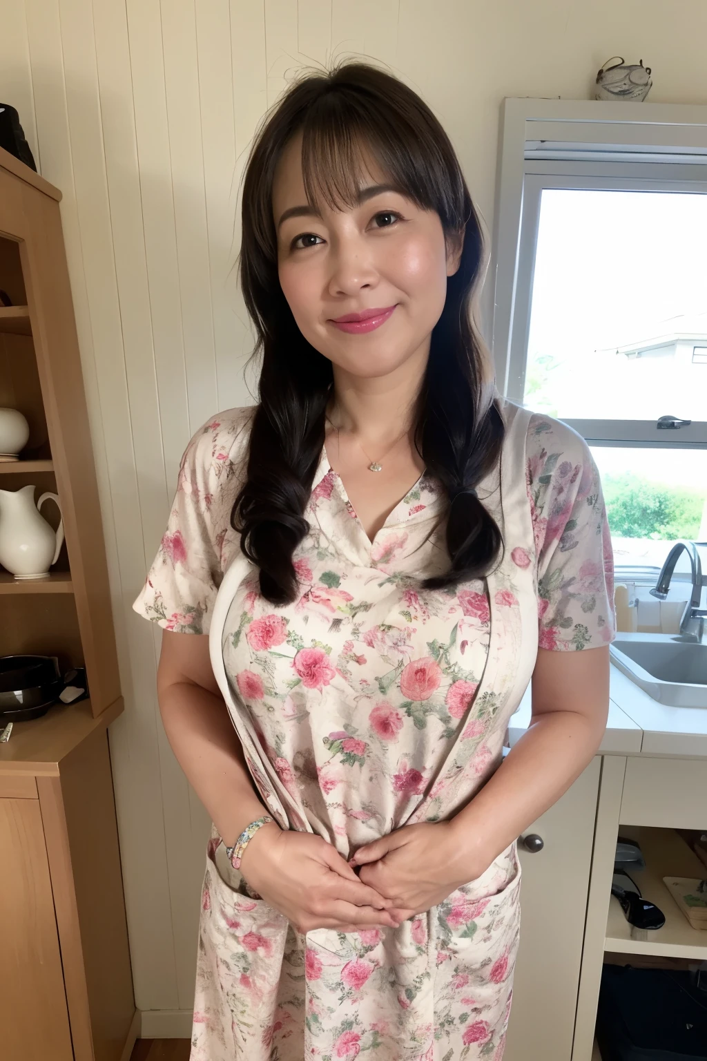 ((top-quality、8K、​masterpiece:1.3))、Photorealsitic, foco nítido, high-level image quality, hight resolution, Portrait, Solo, japanes, A smile、Plump body、Beautie, 35 years old, ((Colossal tits:1.3)), big butts、Wavy Hair, poneyTail、Wrinkles at the corners of the eyes, a necklace、A bracelet、((fullnude))、Apron naked、Fruit-patterned apron that hides up to the chest 、The apron is missing in the back half、buttocks visible.、Visible up to the thighs、Angle from behind、posterior view
