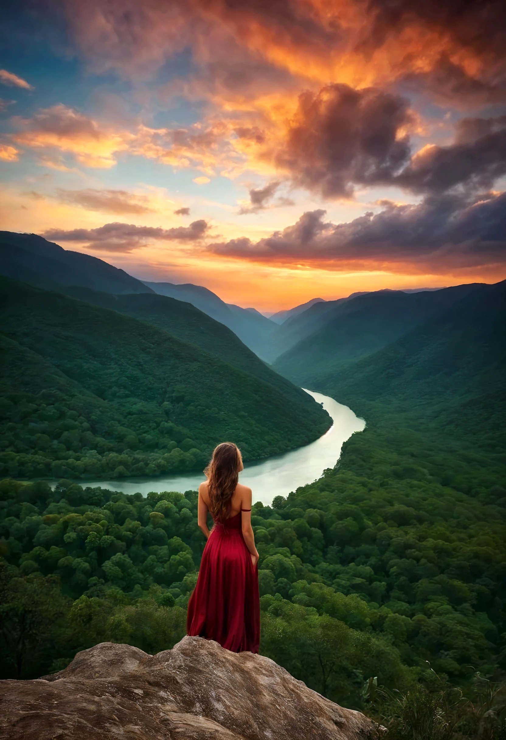Giraffe woman in red dress standing on rock, arms outstretched, girl dancing on a rock, girl standing on a rock, a girl stands on a mountain, loose hair stands on a stone, full view, spreading his wings, View of West Virginia, stands in the center with open arms, Standing on the side of a cliff, back view, in a flowing dress