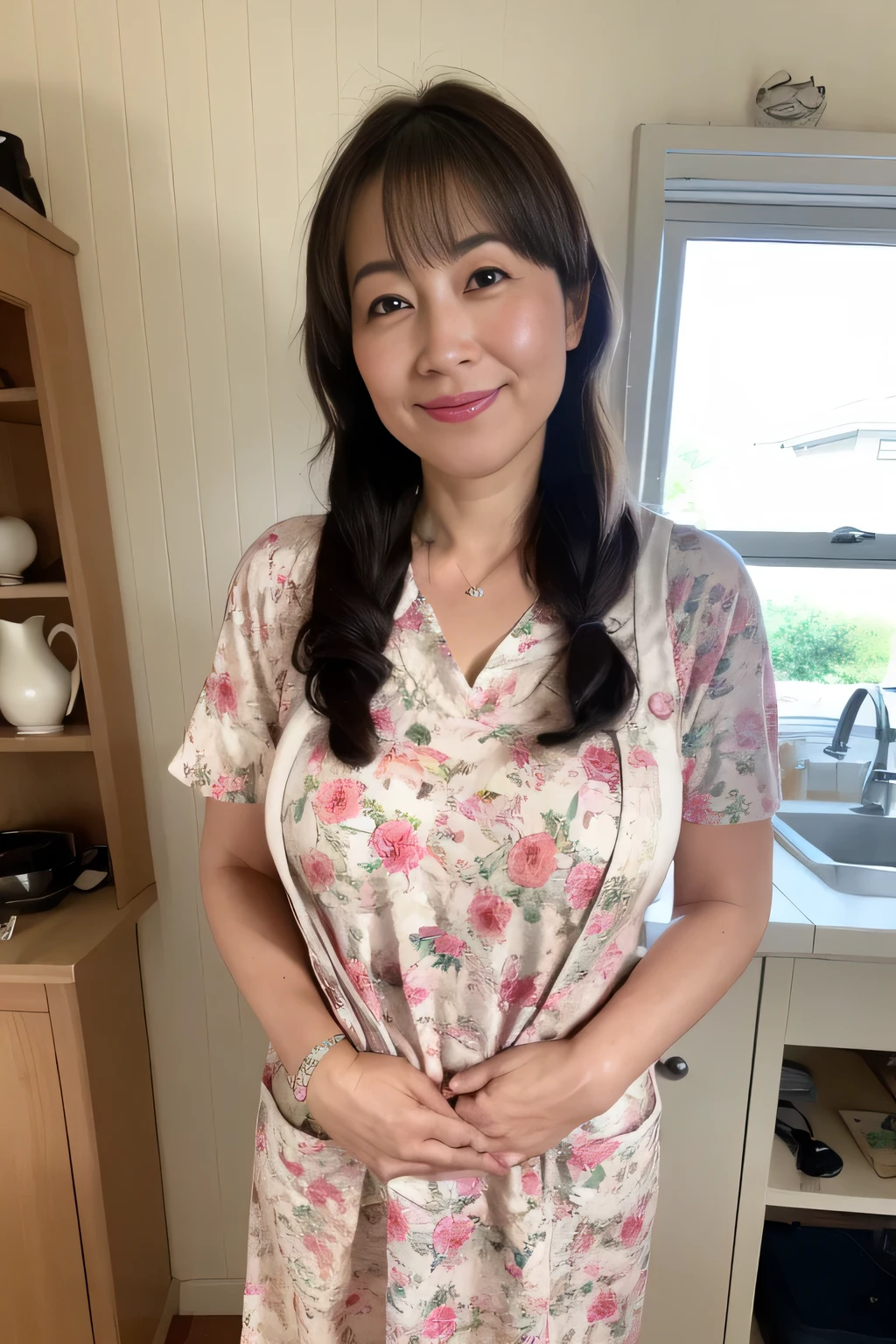 ((top-quality、8K、masterpiece:1.3))、Photorealsitic, foco nítido, high-level image quality, hight resolution, Portrait, Solo, japanes, A smile、Plump body、Beautie, 35 years old, ((Colossal tits:1.3)), big butts、Wavy Hair, poneyTail、Wrinkles at the corners of the eyes, a necklace、A bracelet、((fullnude))、Apron naked、Fruit-patterned apron that hides up to the chest 、The apron is missing in the back half、buttocks visible.、Visible up to the thighs、Angle from behind、posterior view