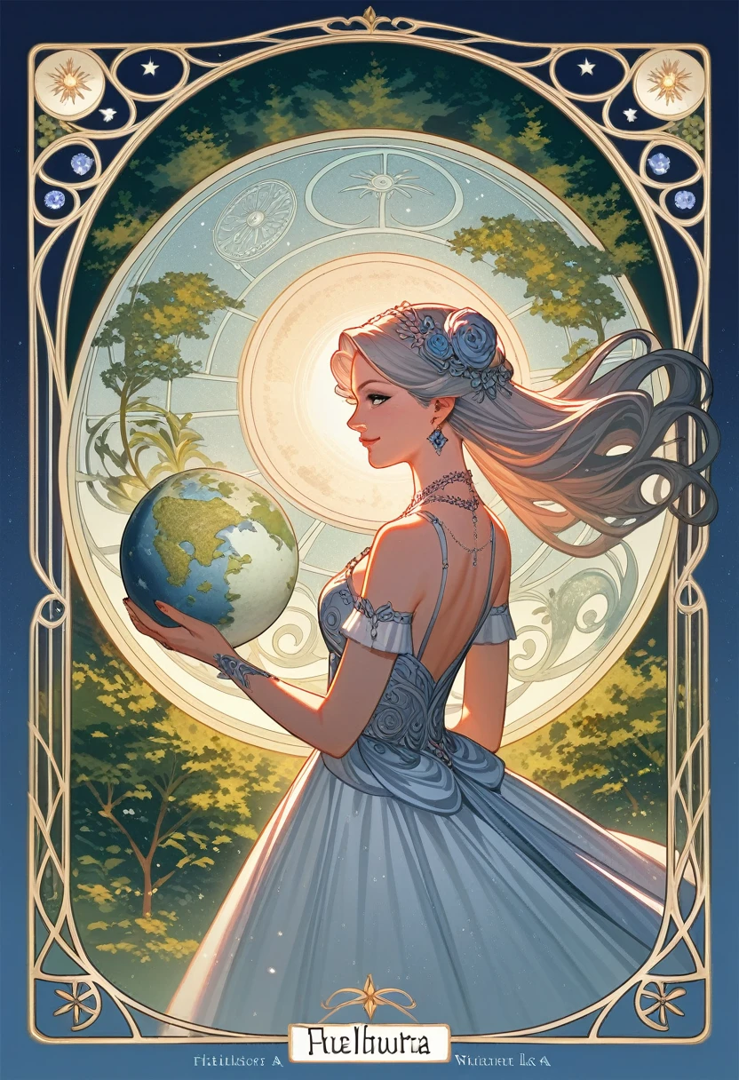 cover page, highres, top quality, best quality, paid reward available, unparalleled masterpiece, perfect artwork, absurdres, High-quality illustrations by Alphonse Mucha, art nouveau, Delicate and elegant linework, flowing hair, Flowing Dresses, Curvilinear lines, Decoration with plant motifs, Geometric decoration, Poetic atmosphere, Rich colors, Dreamy, mystical, Tarot Card(In the forest where the stream flows, Backlighting)perfect anatomy(Furry, Solo focus, Dress, Long Globe, Facial features of animals, Features of the animal's body)All over body, Archaic Smile (portrait),
