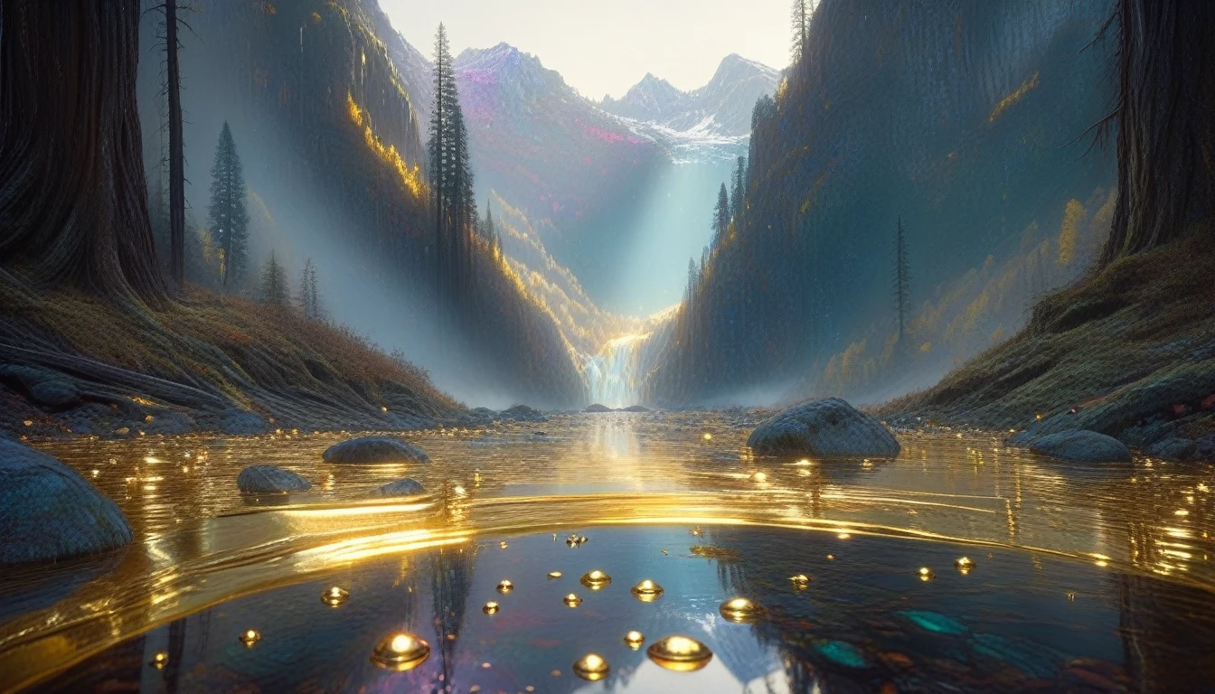 liquid chrome, liquid gold wet on wet, ultra highly detailed, cinematic, Mountain forest, Broken Glass effect, energy, molecular, textures, iridescent and luminescent scales, breathtaking beauty, pure perfection, divine, vivid colors, John Gilbert, by Gustav Klimt, by Bill Watterson