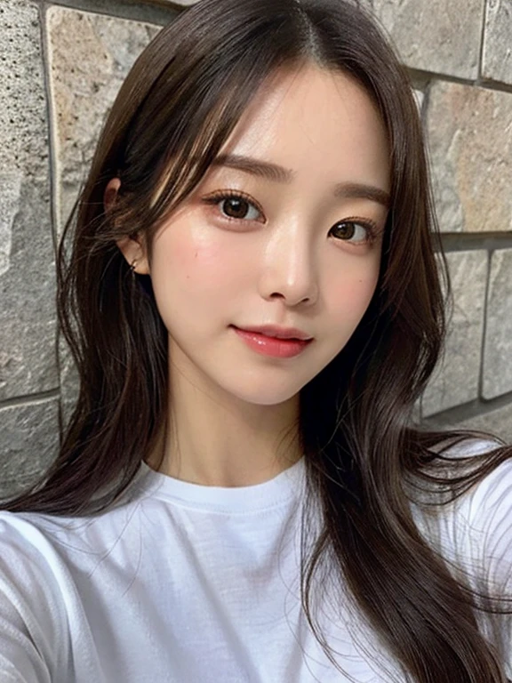 masterpiece、Highest quality、photorealistic、Ultra high definition、High resolution、16K wallpaper、Super detailed、Fine details、Natural lighting、In front of a tile wall、Selfie of one woman, Highly detailed face and skin texture、Natural Makeup、A small smile、Detailed eyes、Symmetrical black eyes、Inward-curling wavy layered medium hair、High quality white tight t-shirt、Gorgeous girl, Japanese Gravure Idol