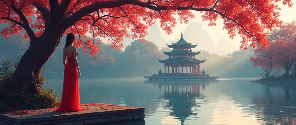 Vietnamese sexy girl, cyberpunk landscape of Hoan Kiem lake with Ngoc Son temple and royal poinciana tree, anime style and old vietnam