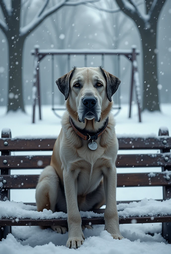 Old dog, dog, snow fall, swing , park