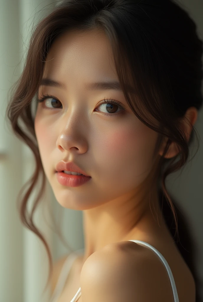 A young asian woman, nude, detailed face, beautiful eyes, long eyelashes, well-defined features, delicate skin, natural lighting, cinematic composition, warm color palette, elegant pose, serene expression, soft focus, photorealistic, high resolution, intricate details, masterpiece