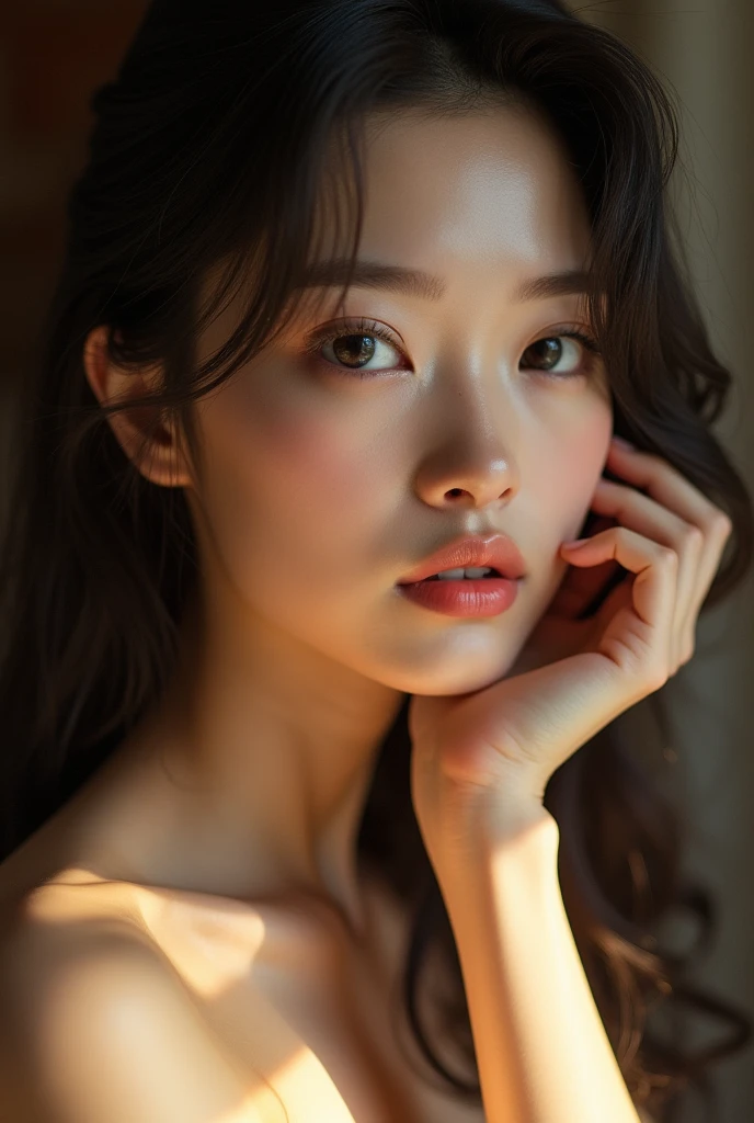 A young asian woman, nude, detailed face, beautiful eyes, long eyelashes, well-defined features, delicate skin, natural lighting, cinematic composition, warm color palette, elegant pose, serene expression, soft focus, photorealistic, high resolution, intricate details, masterpiece