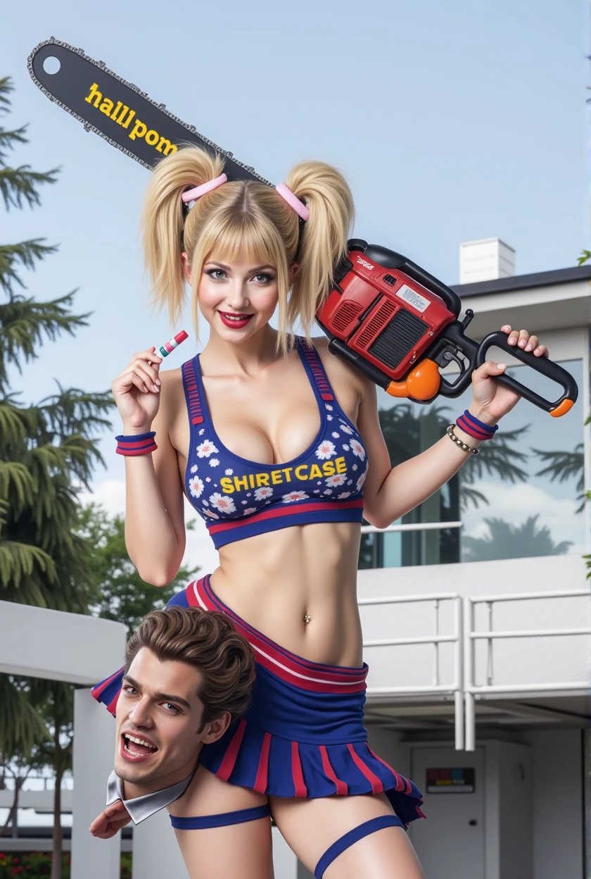 (score_9), score_8_up, score_7_up), professional photo, 8K, masterpiece, 4k, high quality, (best quality:1.1), 1girl, solo, slim figure, parted lips, smiling, a woman in a bikini top holding a chainsaw and lollypop, blonde hair, double bun, cheerleader clothes, miniskirt, there is a man's head hanging from a belt, stockings, navel, cleavage, sagging natural large size breasts, body mole, thick thighs, wide hips, perfect huge round ass, shiny skin, parted lips, blush, DeepNegative_xl_v1