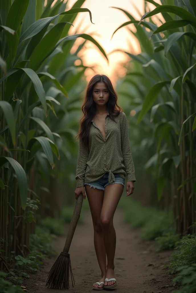 Create a 64k photo of a quiet forest scene at dusk. The forest is bathed in soft, gentle light, with tall sugarcane stalks, whose leaves are shiny and emerald green. Low angle portrait of a young woman with a Thai-Cambodian face, looking rustic.((sexly)) White skin, long brown hair, slim figure, sexy, wearing an old patterned shirt. , Shorts, Wearing white flip-flops, she stands carrying a hoe, behind a backdrop of a lush sugarcane forest. There is a sign in the back, Soi Haek Hib. In the evening, the sugarcane forest is bathed in a soft, gentle light. There are sugarcane trees, foxes, five buffaloes, an old man is chasing after them, and a small dog is running after them. The leaves are tall, sparkling emerald green and gold. The rice paddy ridges gently wind through the forest.