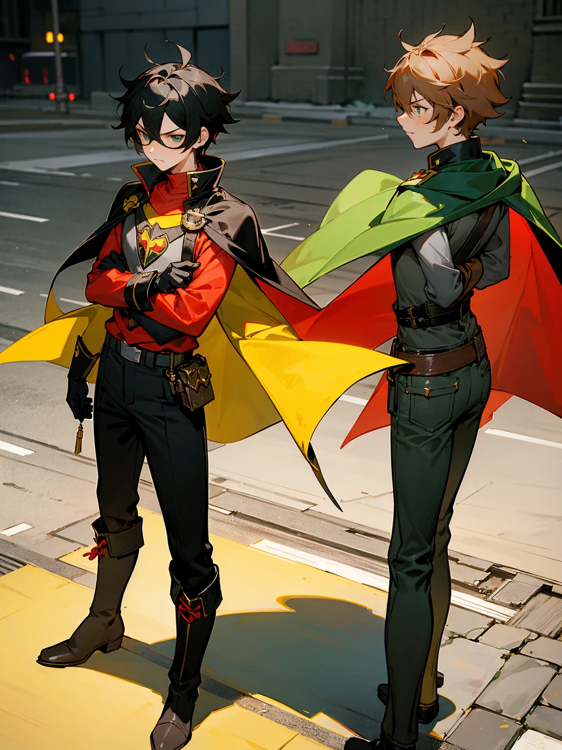 1male , Young Male , Red and Yellow T-Shirt with black fitted long sleeves under , Black Gloves, Green Boots , Robin Symbol on Shirt , Black and Cape, Messy Hair , Serious Expression , Standing on sidewalk, ((Robin Inspiration)), sunglasses