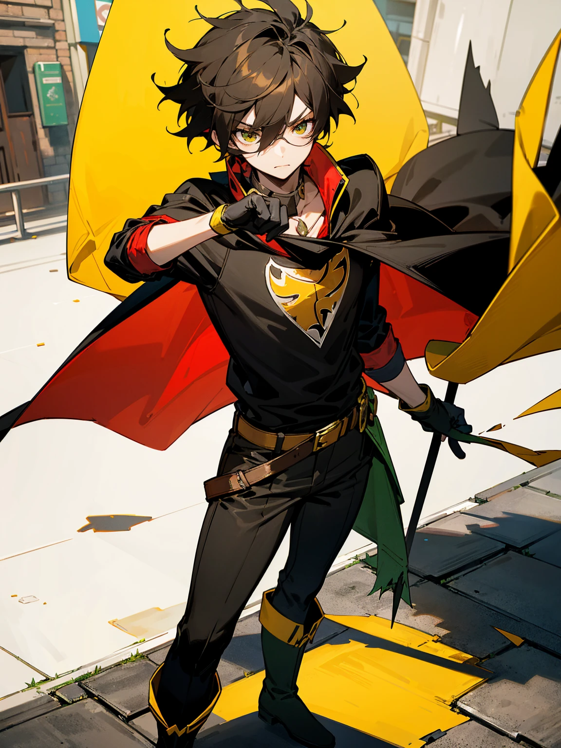 1male , Young Male , Red and Yellow T-Shirt with black fitted long sleeves under , Black Gloves, Green Boots , Robin Symbol on Shirt , Black and Cape, Messy Hair , Serious Expression , Standing on sidewalk, ((Robin Inspiration)), sunglasses