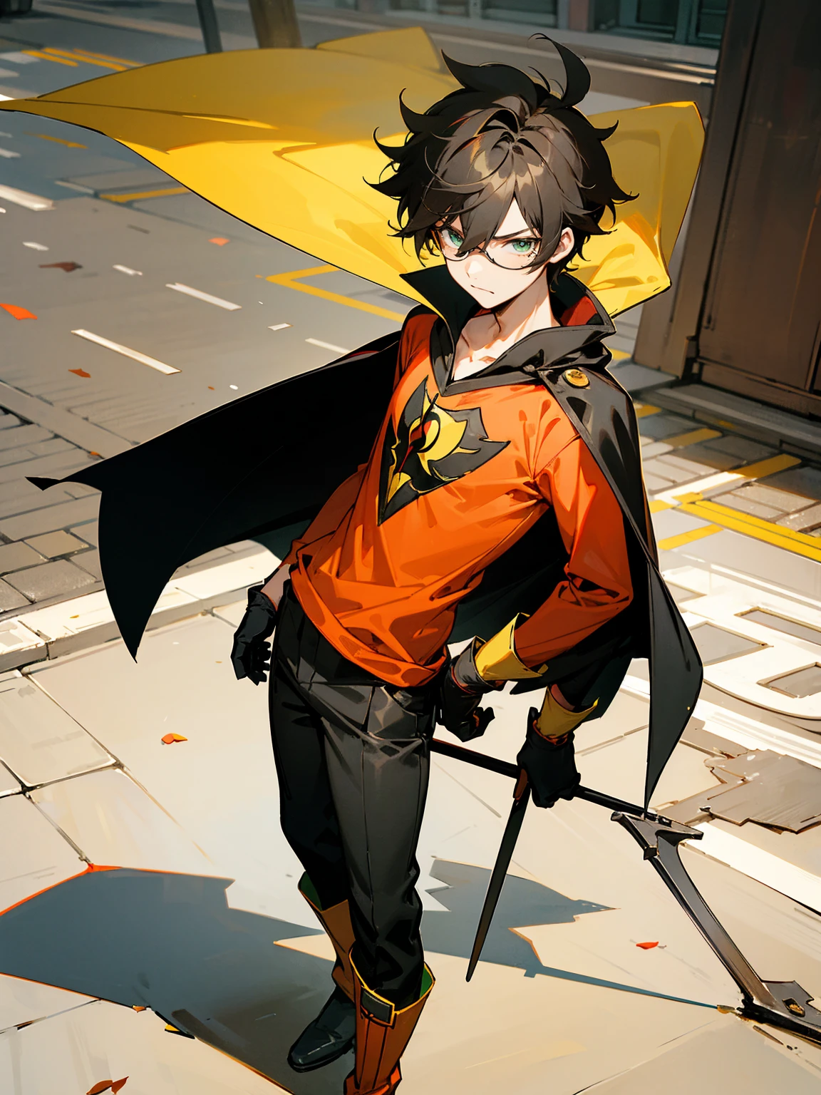 1male , Young Male , Red and Yellow T-Shirt with black fitted long sleeves under , Black Gloves, Green Boots , Robin Symbol on Shirt , Black and Cape, Messy Hair , Serious Expression , Standing on sidewalk, ((Robin Inspiration)), sunglasses