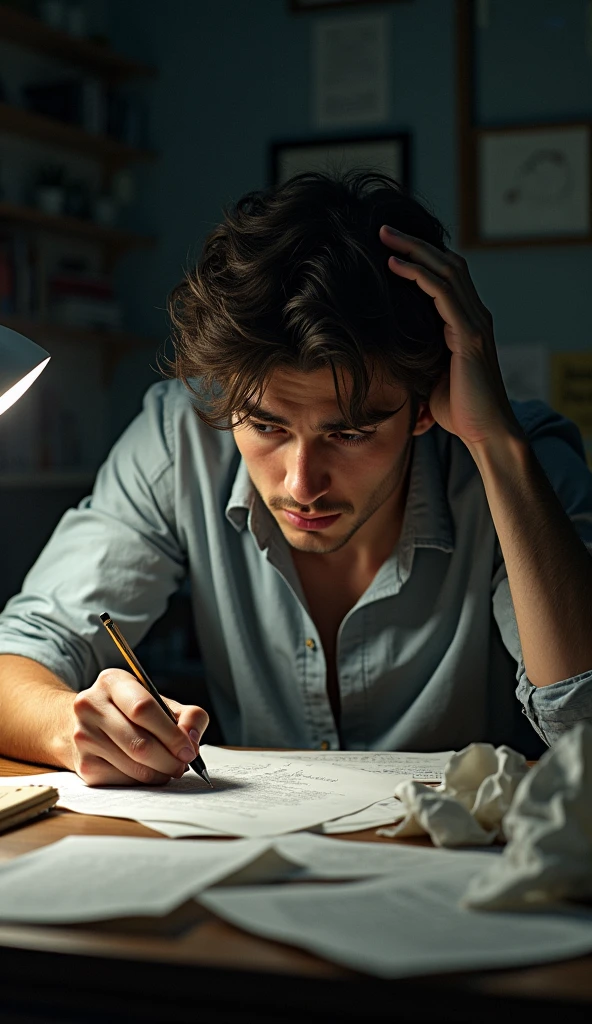 A young man is sitting at a desk, frustrated, surrounded by crumpled papers.]