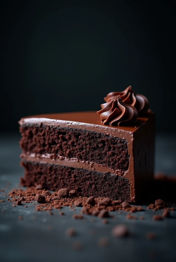 cinematic film still chocolate, chocolate cake, dark background, quality photo, moist texture, frosting, studio photo, slice . shallow depth of field, vignette, highly detailed, high budget, bokeh, cinemascope, moody, epic, gorgeous, film grain, grainy