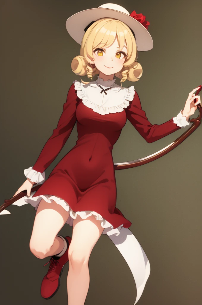 a drawing of an anime character in a red dress and boots with a large scythe, ((high end)), (UHD picture), (best quality,4k,8k,highres,masterpiece:1.2), top-quality(​masterpiece), top-quality, ultra-detailed, highly detailed texture, intricate details, high quality textures, masterpiece, best quality, perfect quality, perfect anatomy, perfect body, perfect symmetrical face, perfect hands, perfect feet, (two arms:1.2), (two legs:1.2), (five fingers each:1.2), (perfect joint:1.2), perfect joint movement, precise fingers and hands, 1 beautiful girl, 1 girl, alone, solo, , 10 years old, (((****))), ((childish)), hat, white hat, blonde hair, long hair, parted bangs, drill hair, well-formed face, yellow eyes, maxi dress, red dress, dress, long sleeves, frills, long skirt, simple background, scythe, holding scythe, holding, white socks, smile, cute face, beautiful, holding scythe