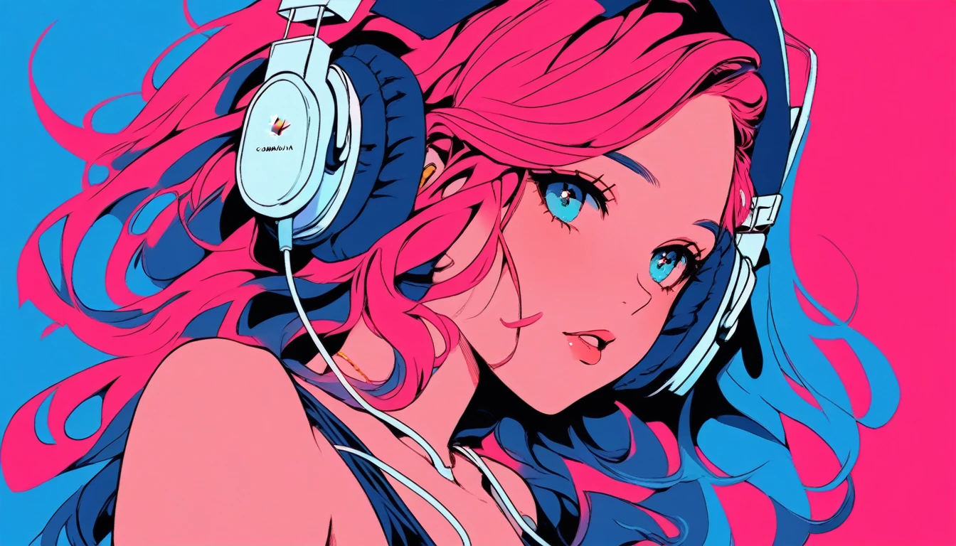 Illustrator, anime , Realistic ,sketch , 1 girl, ,lip, lingerie,Headphones,order, Blue gradient background, Neon Hair,Texture Trim, Canadian, (masterpiece,Highest quality)