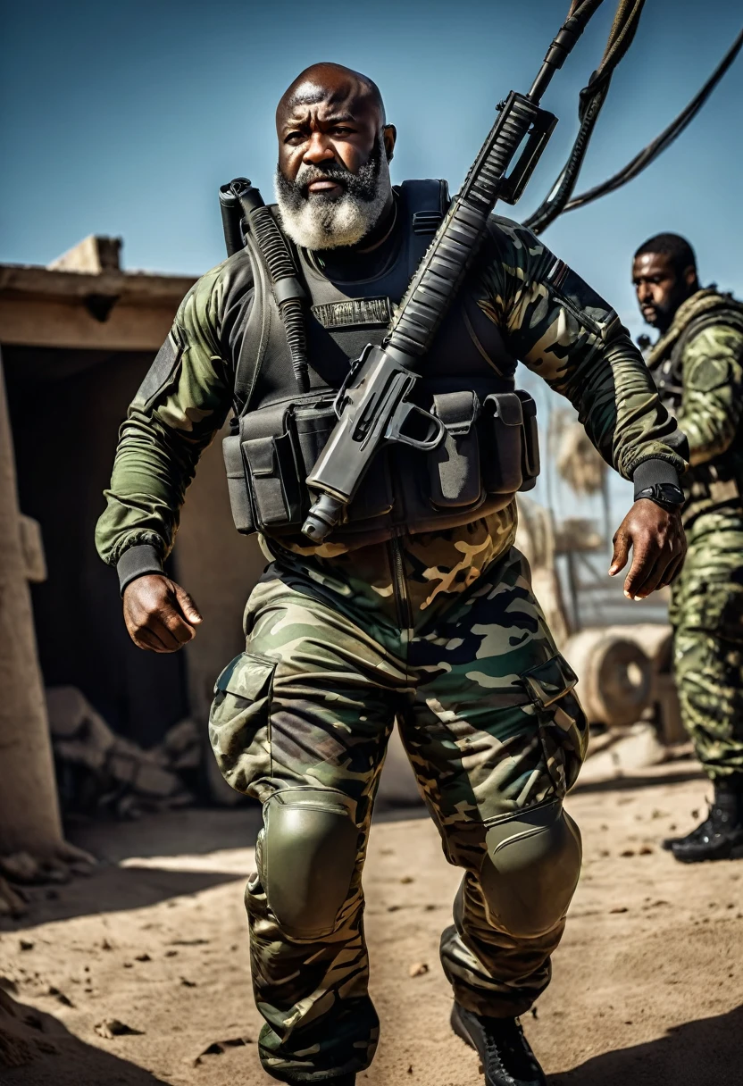 (a dark-skinned bearded fat muscular old man in a bulky army camouflage zipper diver suit) carrying a gun, dynamic action pose, fierce expression, showcasing an imposing stature, surrounded by military elements, dramatic shadows and intense highlights, cinematic color tones, high detail, powerful, art influenced by Bruce Onobrakpeya and Stanley Artgerm, ultra-detailed, best quality image, action-packed atmosphere. raising fist pose