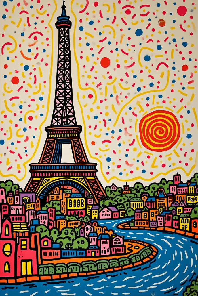 Keith Haring colorful style, impressionism, Childe Hassam, Ramon Casas, John Atknson Grimshaw, Yuriy Shevchuk, eiffle tower