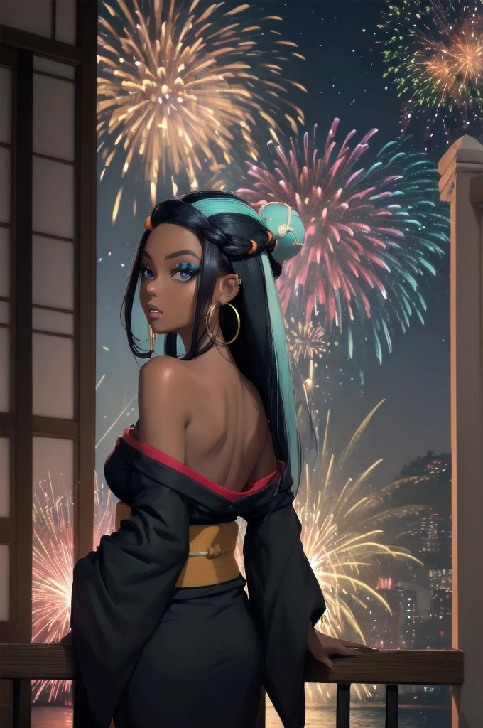 masterpiece, best quality, from behind, solo, 1girl, nessarnd, dark skin, makeup, parted lips, looking back, single hair bun, kimono, off shoulder, hoop earrings, bare shoulders, fireworks 
