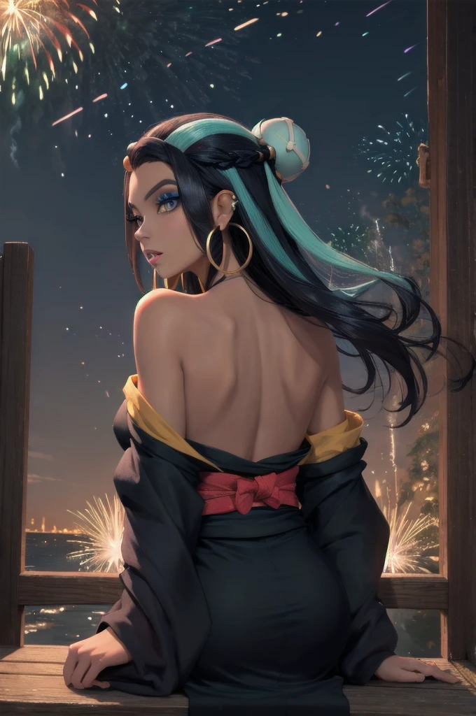 masterpiece, best quality, from behind, solo, 1girl, nessarnd, dark skin, makeup, parted lips, looking back, single hair bun, kimono, off shoulder, hoop earrings, bare shoulders, fireworks