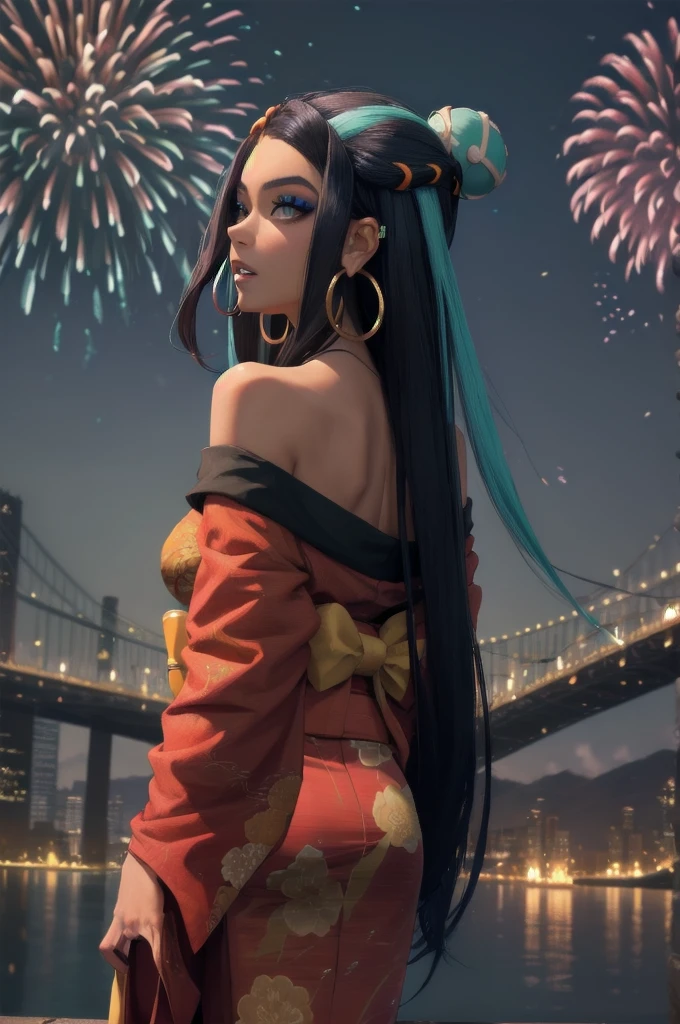 masterpiece, best quality, from behind, solo, 1girl, nessarnd, dark skin, makeup, parted lips, looking back, single hair bun, kimono, off shoulder, hoop earrings, bare shoulders, fireworks 